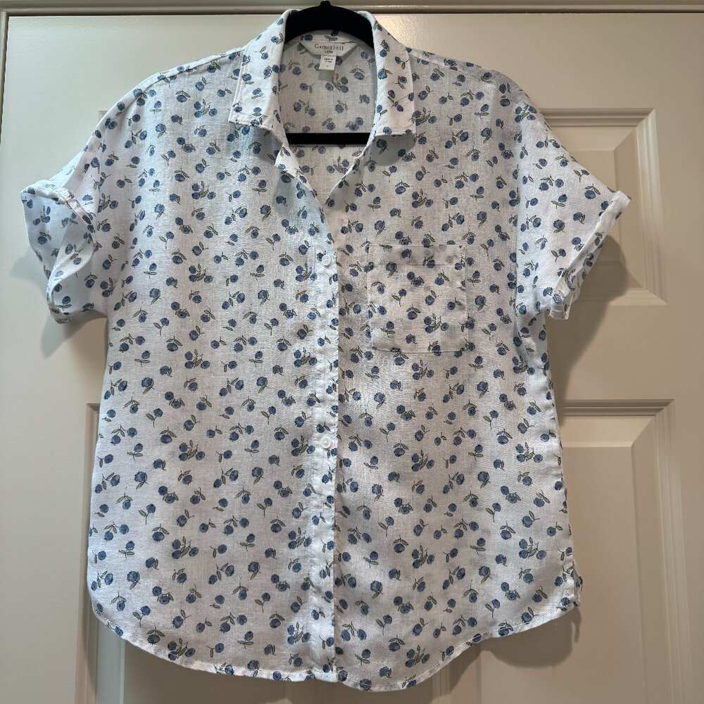 Garnet Hill Short-Sleeve Linen Button-Front Shirt ~ Blueberry